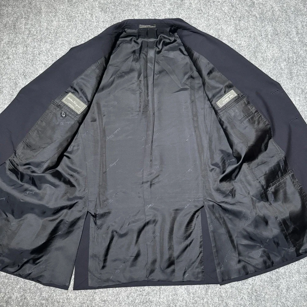 Salvatore Ferragamo Blazer 54 Navy‎ Blue Cotton Jacket Coat Wool 3-Butotn READ